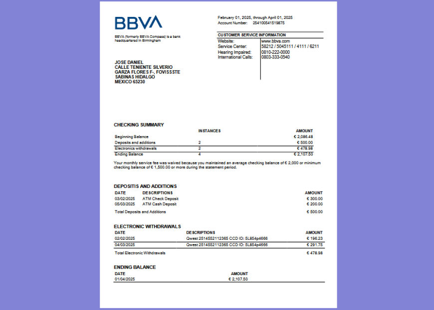 Mexico BBVA Bank Statement Template in word and pdf format