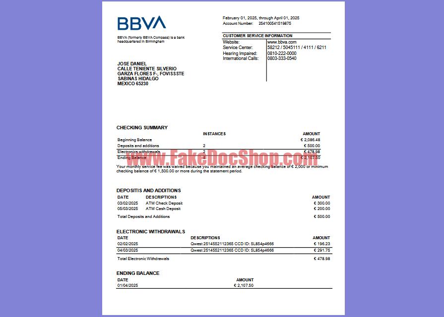 Mexico BBVA Bank Statement Template in word and pdf format