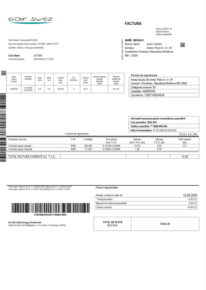 Moldova Gas Utility Bill Word And PDF Template