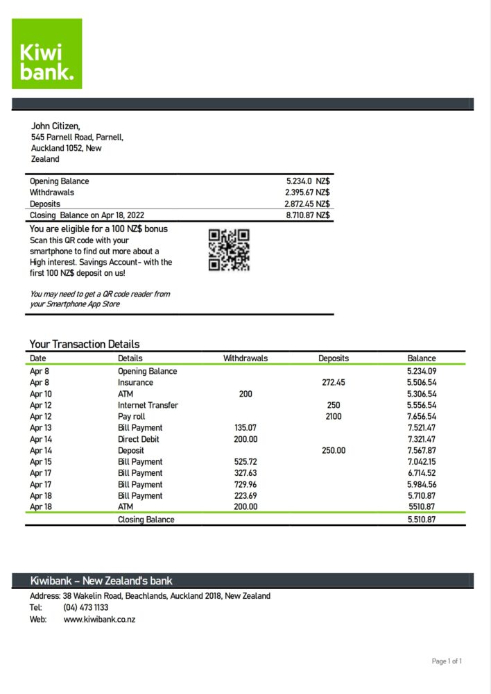 New Zealand Kiwibank Bank Statement Word And PDF Template