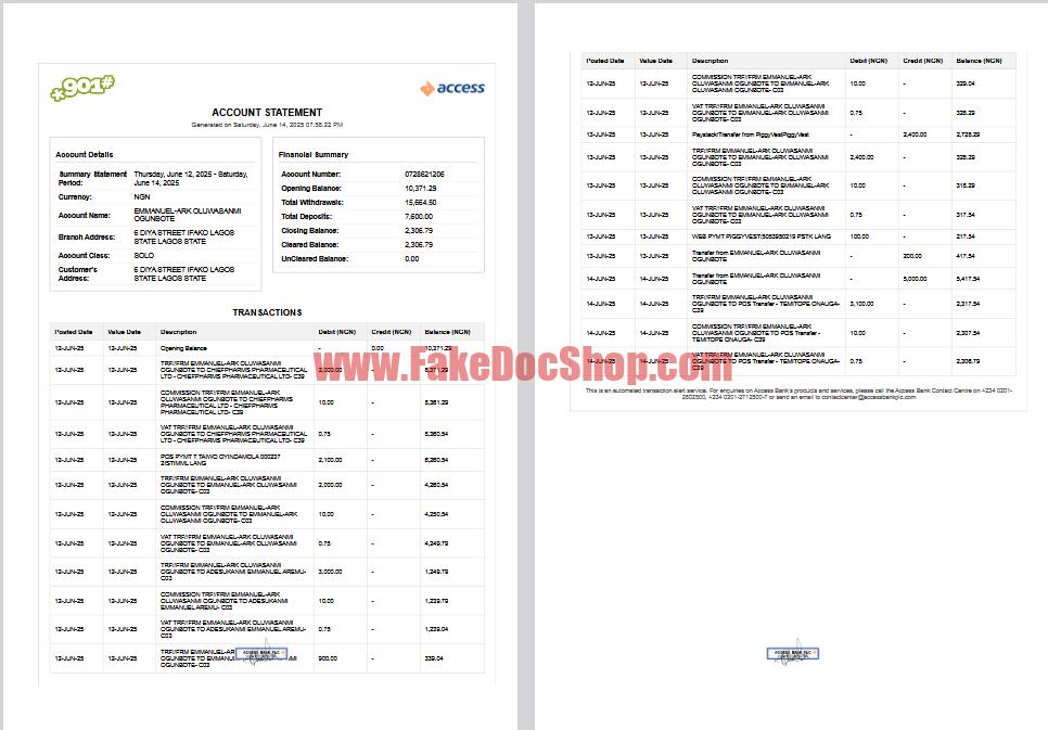 Nigeria Access Bank Statement Summary Emmanuel-Ark Oluwasanmi Ogunbote