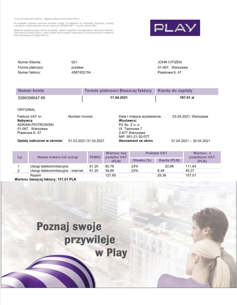 Poland Play utility Bill Word And PDF Template Version 2