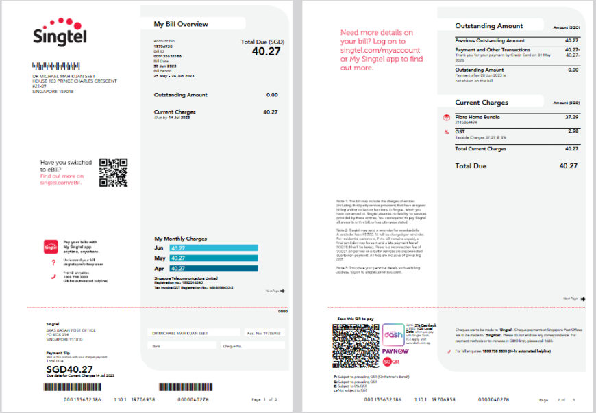 Singapore Singtel Bill Template in word and pdf format