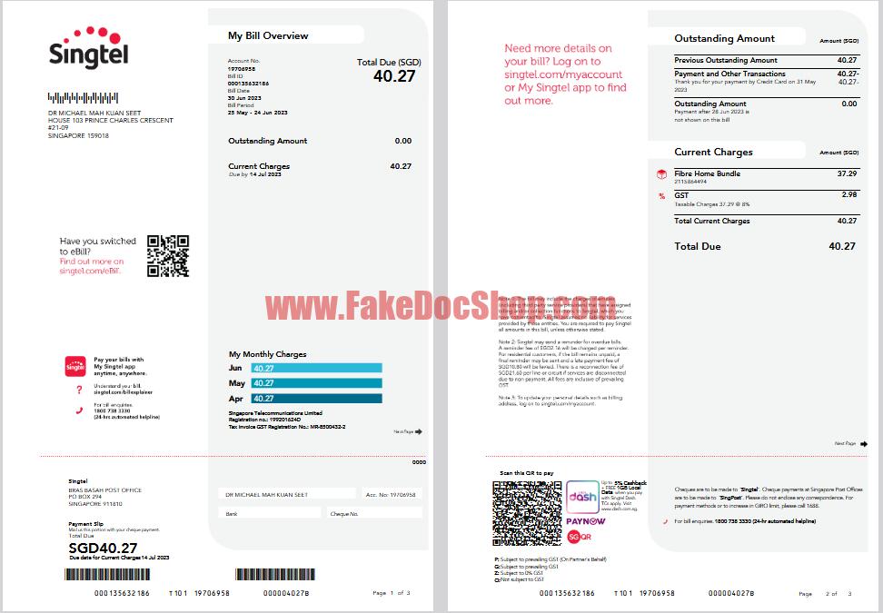 Singapore Singtel Bill Template in word and pdf format
