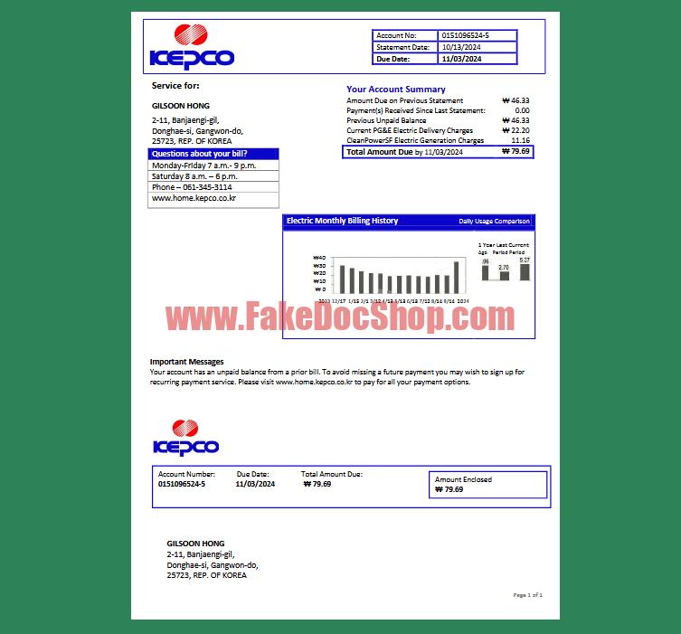 South Korea Korea Electric Power Corporation (KEPCO) Electricity Bill Template in word and pdf format