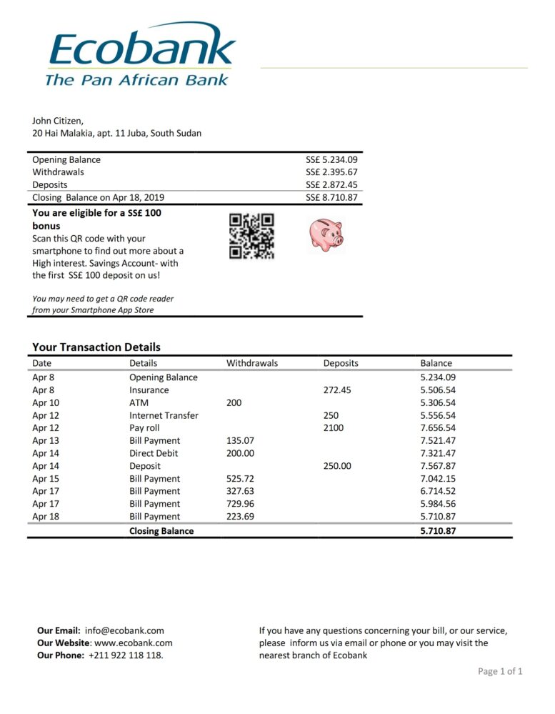 South Sudan Ecobank Bank Statement Template