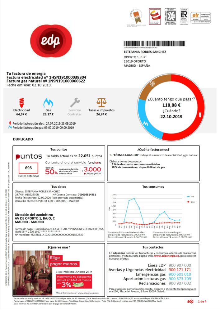 Spain EDP Energy Bill Word And PDF Template 4 Pages