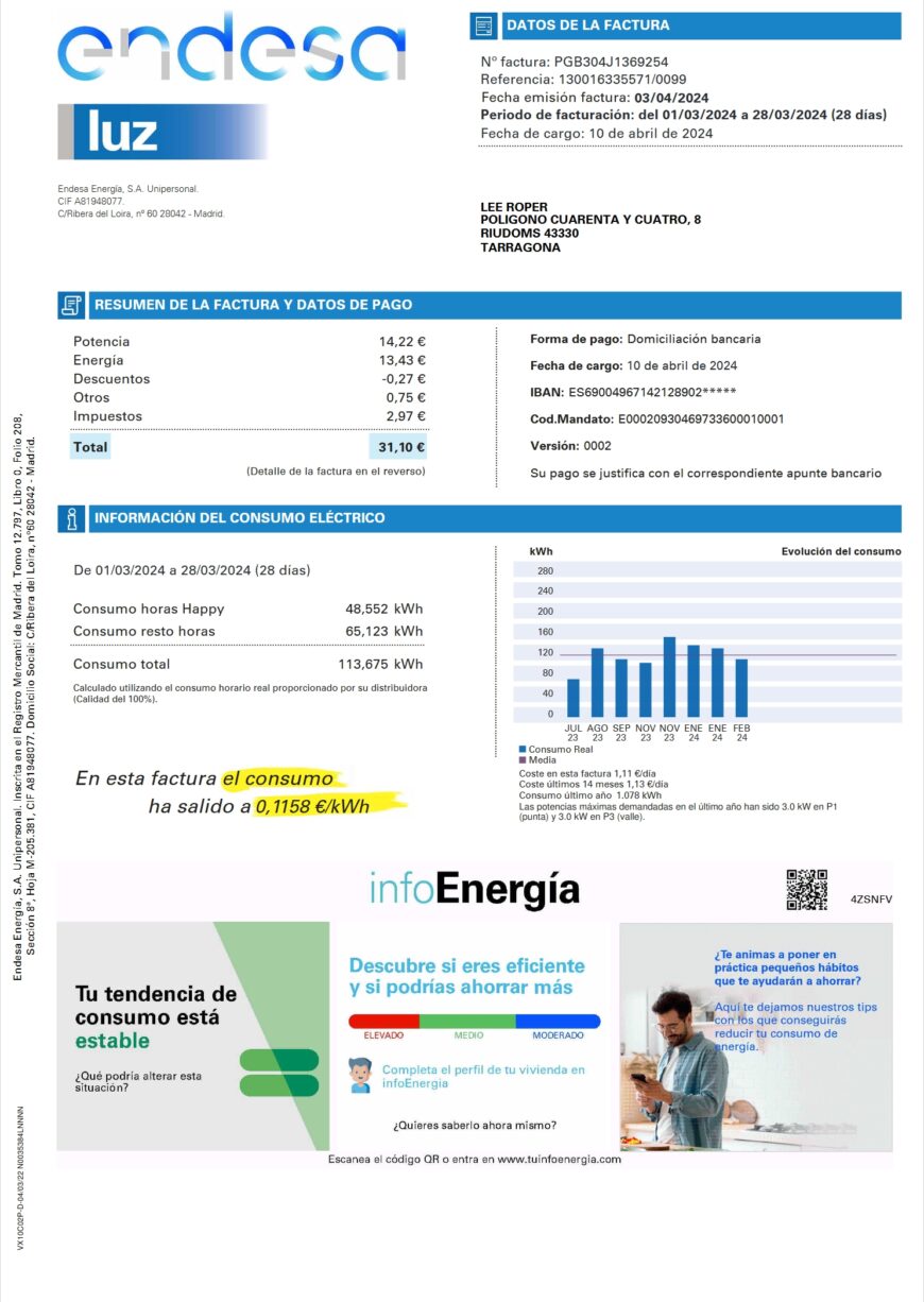 Spain Endesa Energia Electricity Utility Bill word And PDF Template