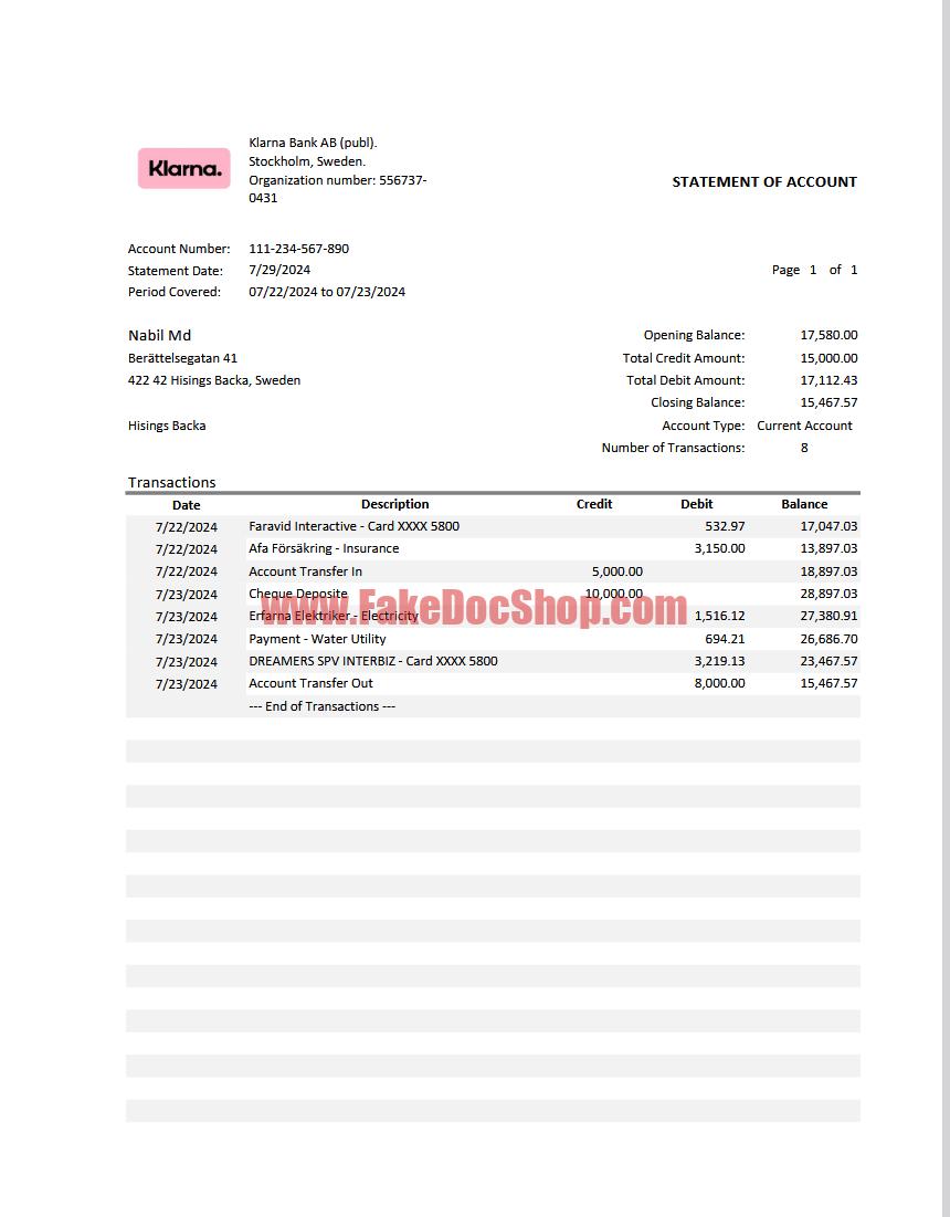 Sweden Klarna Bank Statement Template in word and pdf format