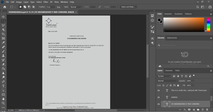Teamlease Company Experience Certificate PSD Template