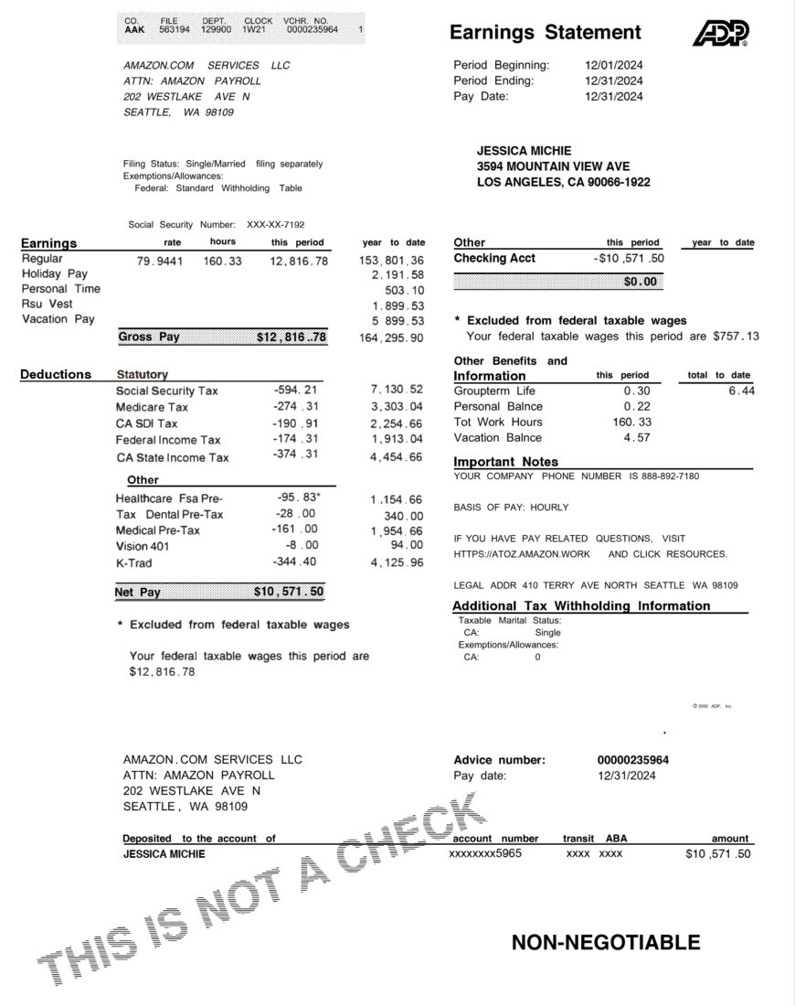 USA Amazon Services LLC Earnings Statement Word And PDF Template