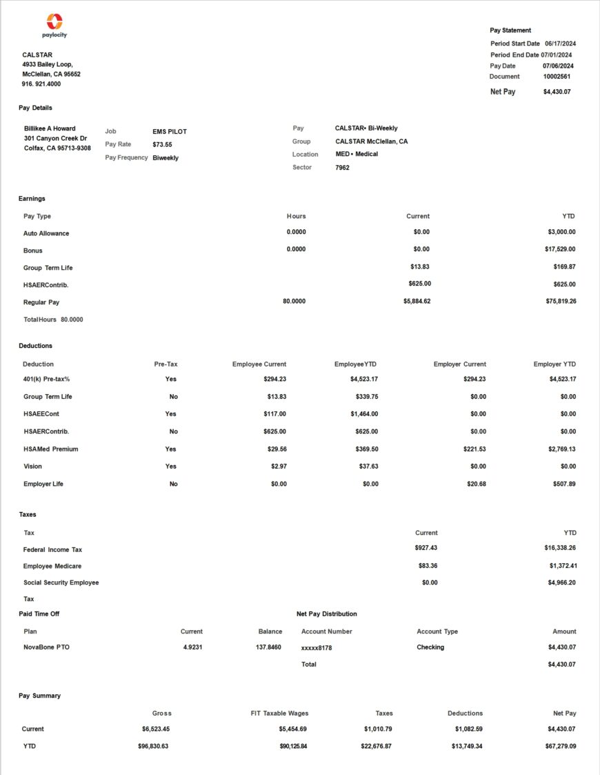 USA CALSTAR Bi Weekly Pay Statement Word And PDF Template