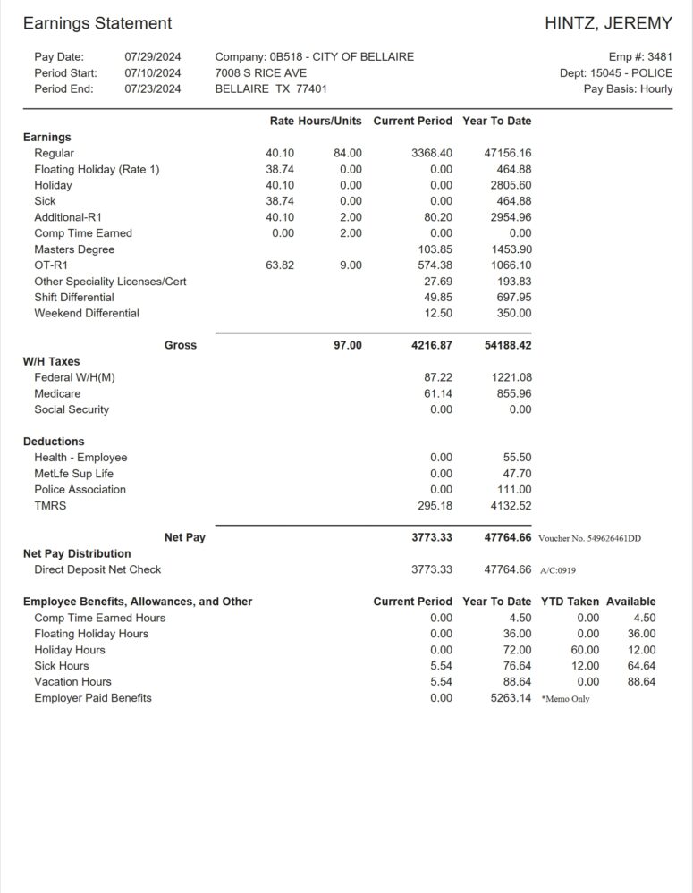 USA City of Bellaire Earnings Word And PDF Statement Template