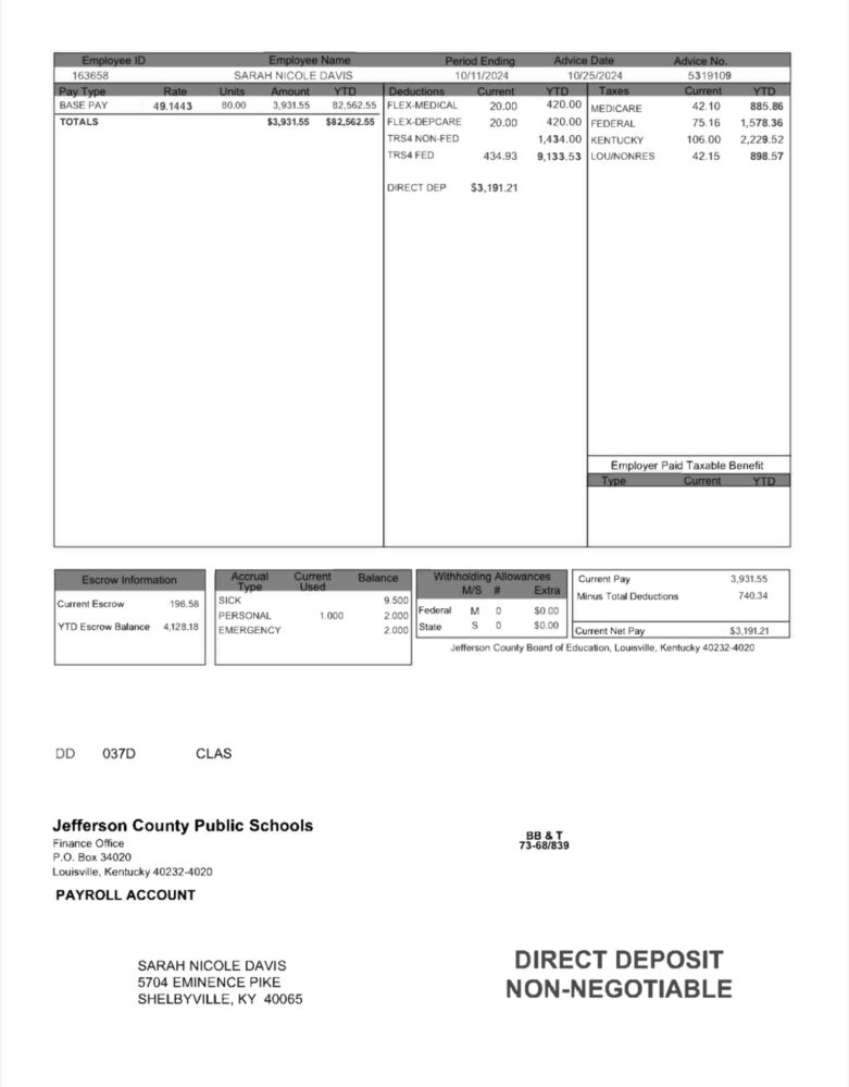 USA Jefferson County Public Schools Earnings Statement word And PDF Template