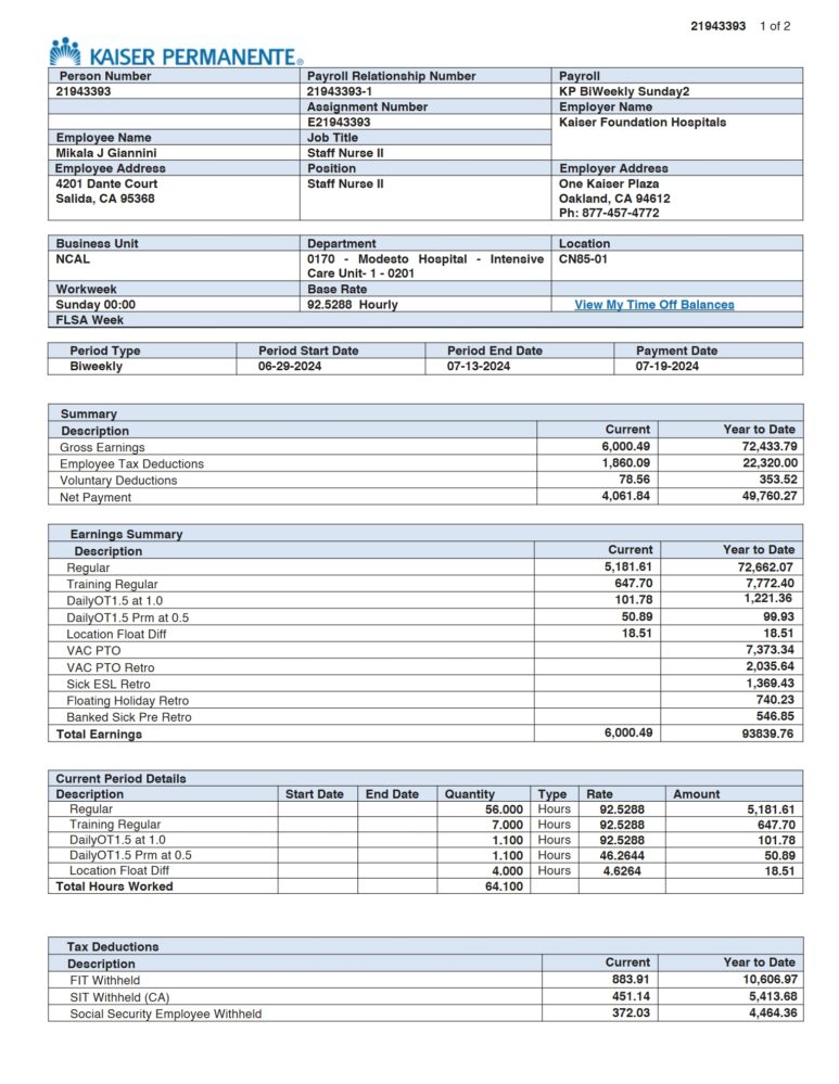 USA Kaiser Foundation Hospitals Pay stub Template In Word And PDF Format