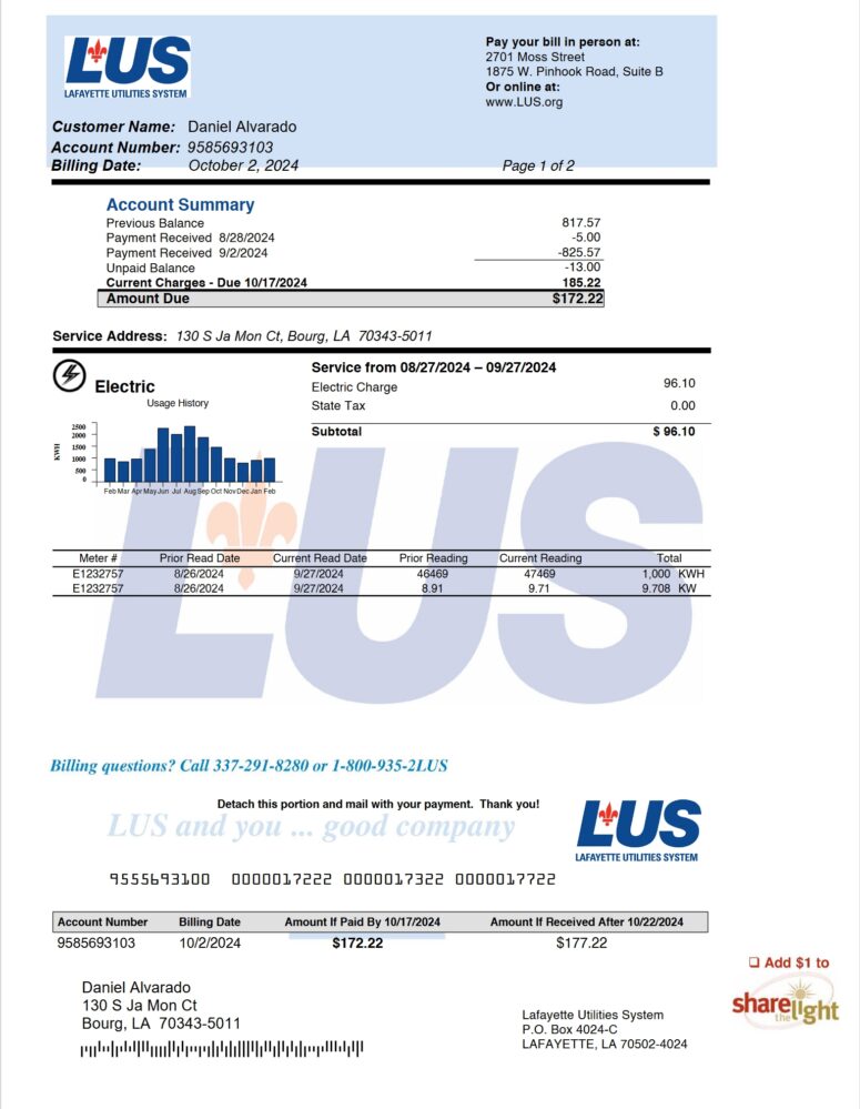 USA Lafayette Utilities System Utility Bill Word And PDF Template 2 Pages