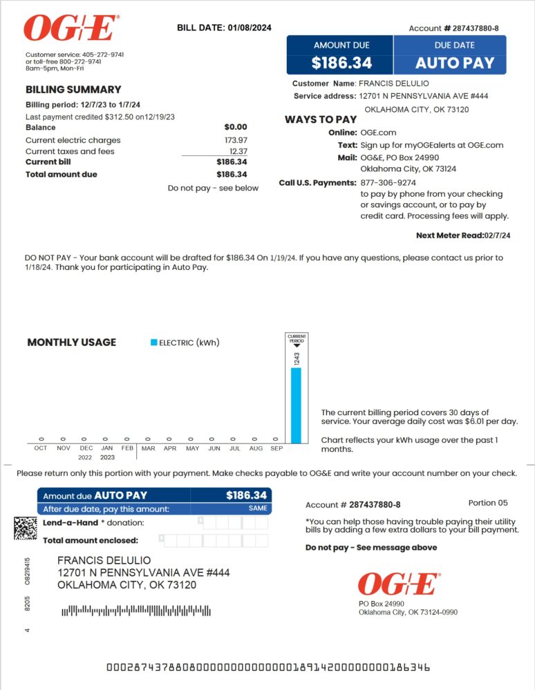 USA OGE Electric Bill Word And PDF Template 2 Pages