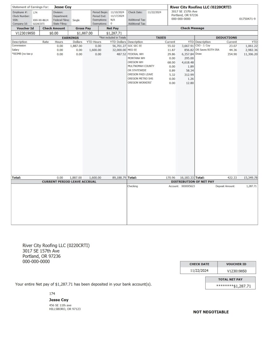 USA River City Roofing LLC Pay Stub Template In Word And PDF Format
