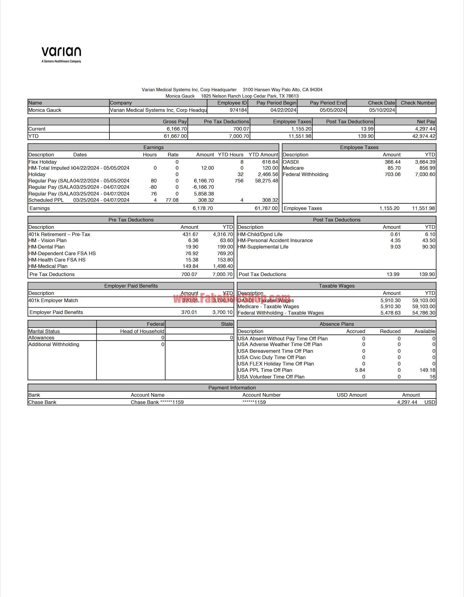 USA Varian Medical Systems Inc Paystub Template In Word And PDF Format