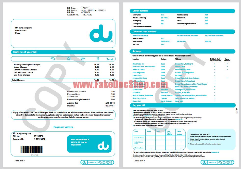United Arab Emirates du Bill Template in word and pdf format