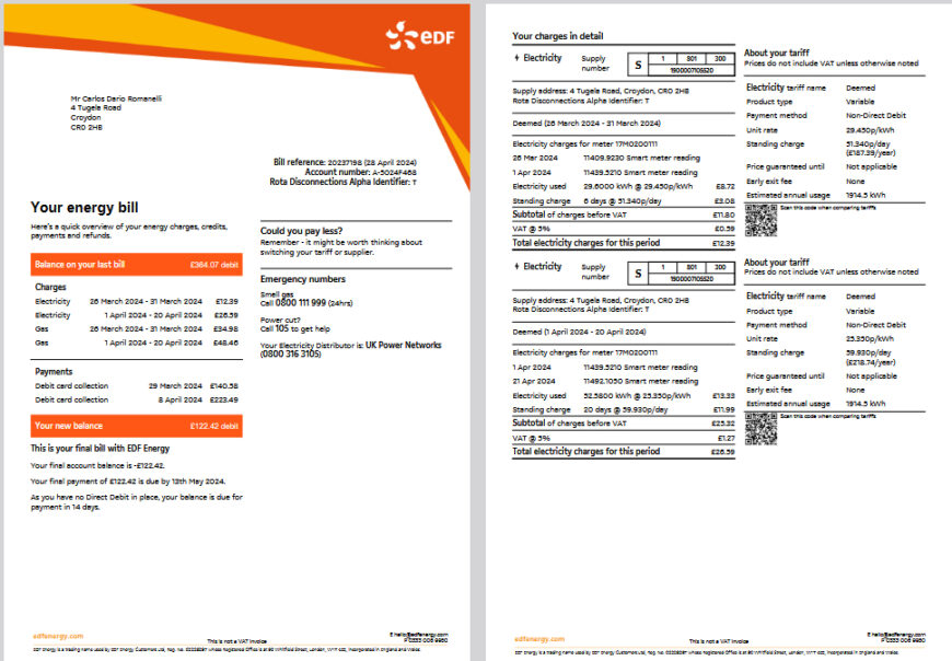 United Kingdom EDF Energy Bill Template in word and pdf format