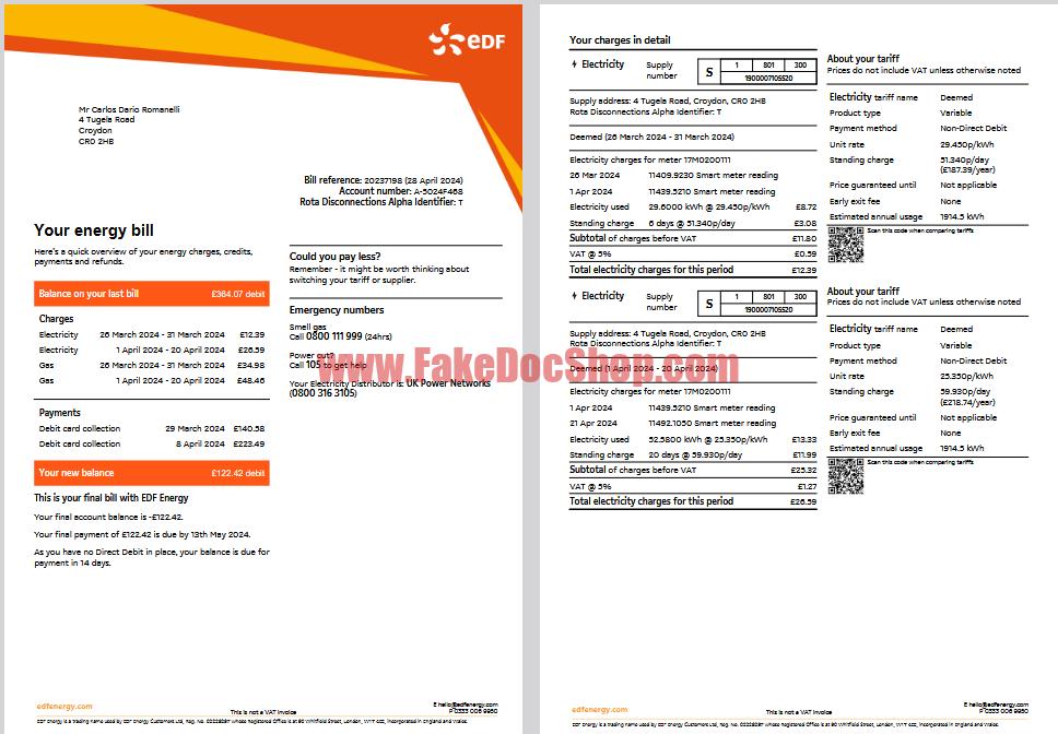 United Kingdom EDF Energy Bill Template in word and pdf format