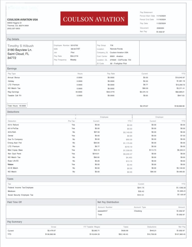 United States Coulson Aviation Paystub Template In Word And PDF Format