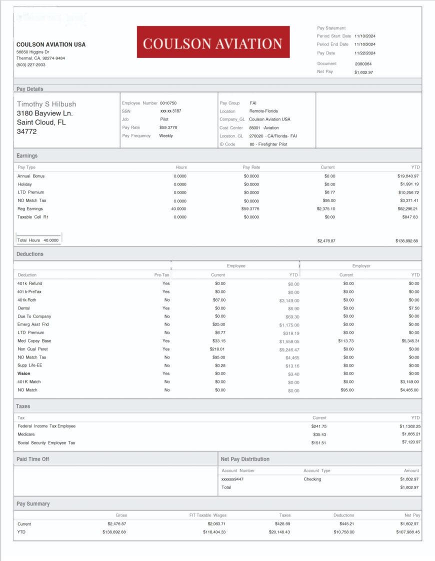 United States Coulson Aviation Paystub Template In Word And PDF Format