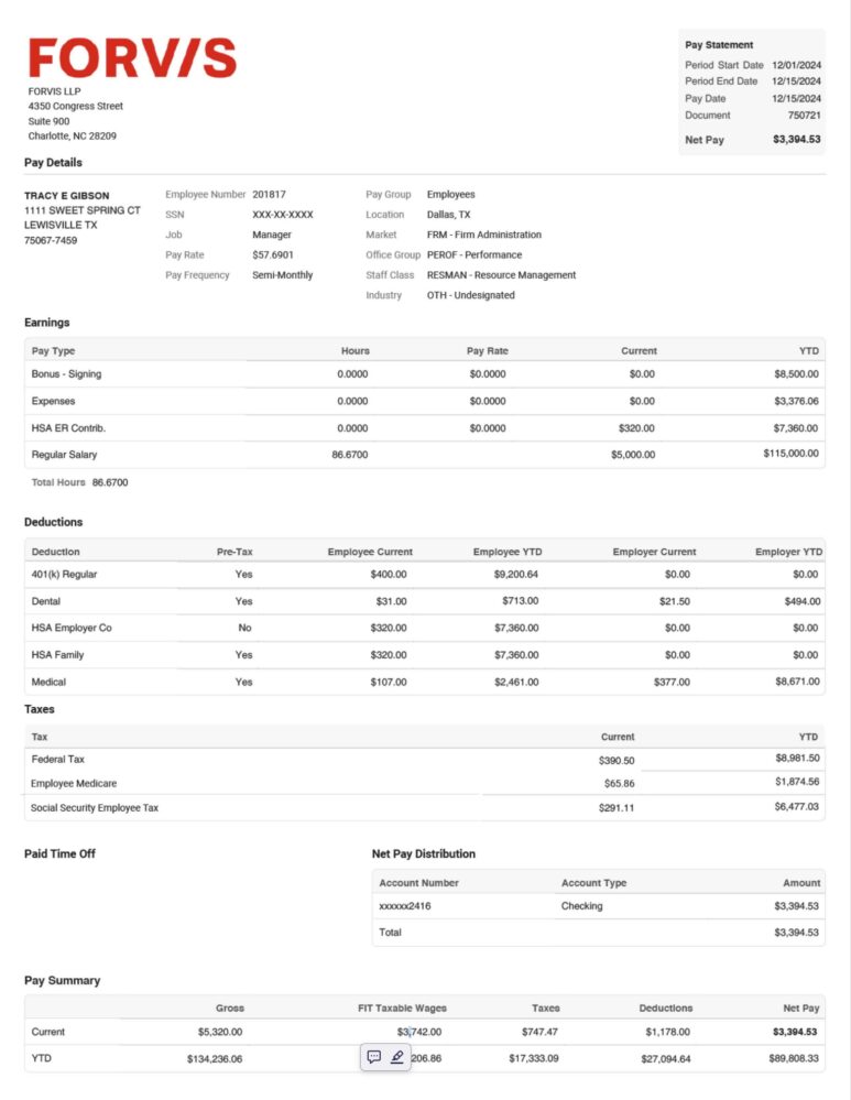 United States FORVIS LLP Paystub Template In Word And PDF Format