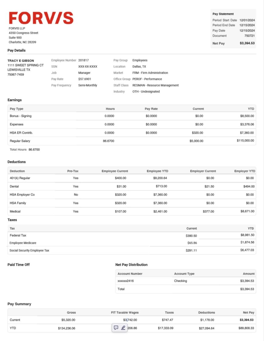 United States FORVIS LLP Paystub Template In Word And PDF Format