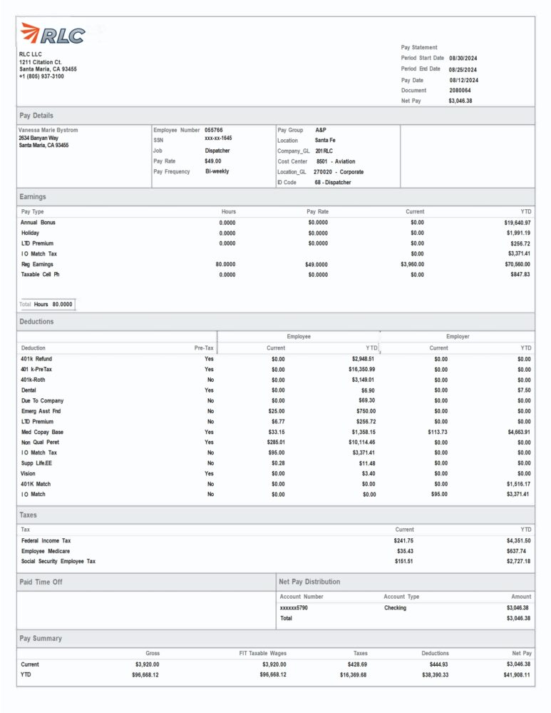 United States Frontier Airlines Paystub Template In word And PDF Format