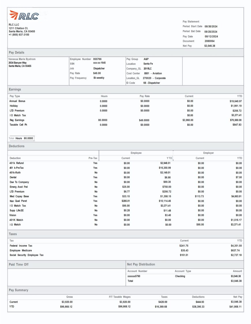 United States Frontier Airlines Paystub Template In word And PDF Format