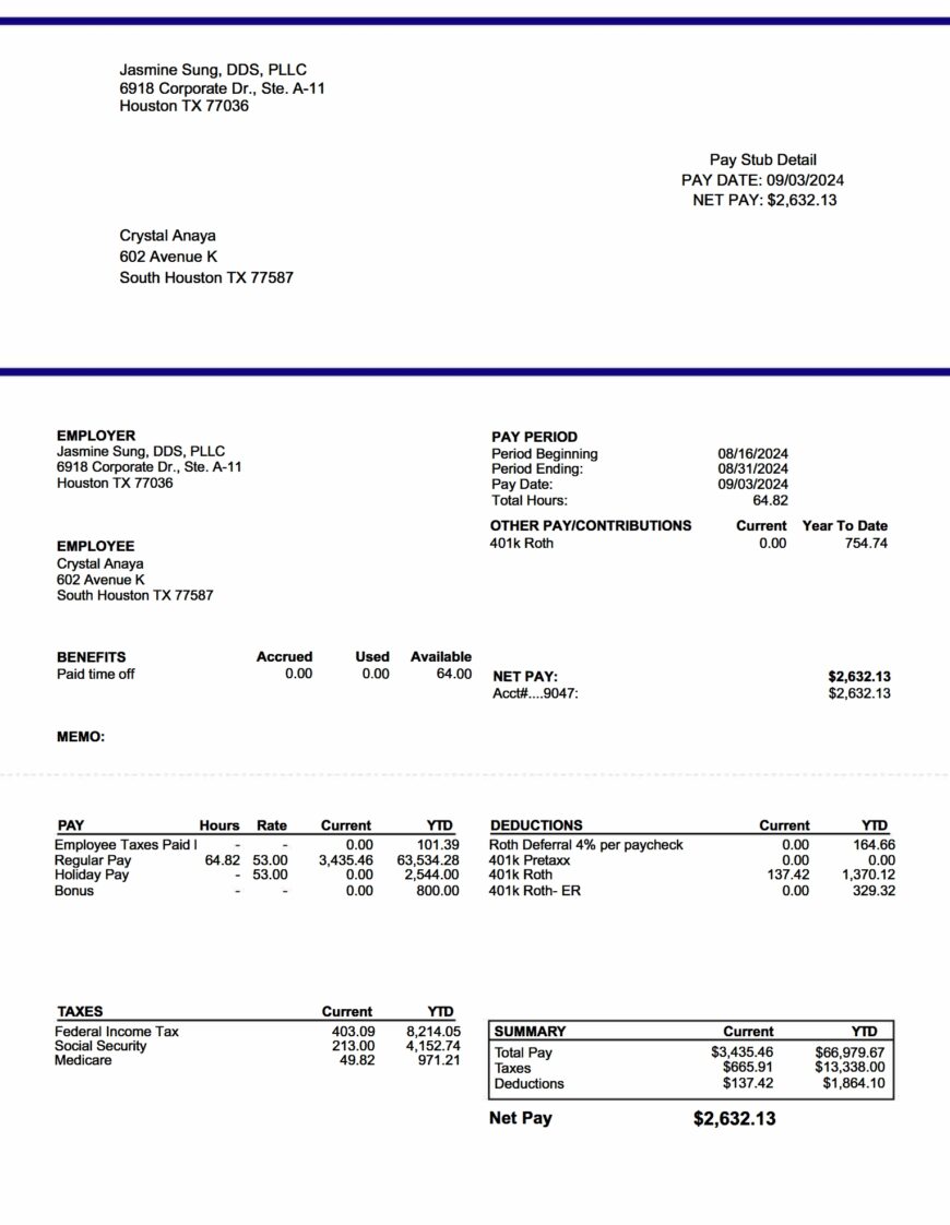 United States Jasmine Sung DDS PLLC Pay Stub Template In Word And PDF Format