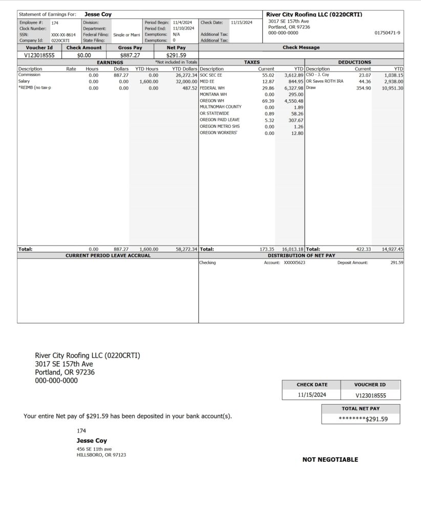 United States River City Roofing LLC Paystub Template In word And PDF Format