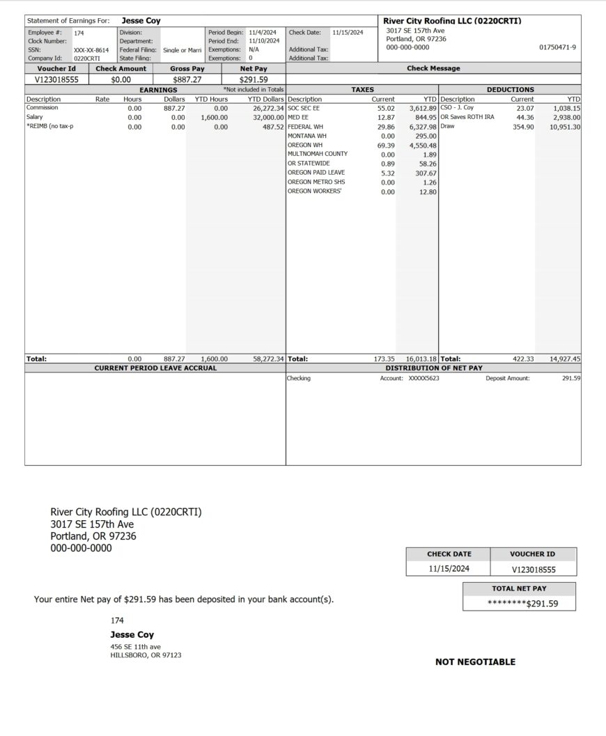 United States River City Roofing LLC Paystub Template In word And PDF Format