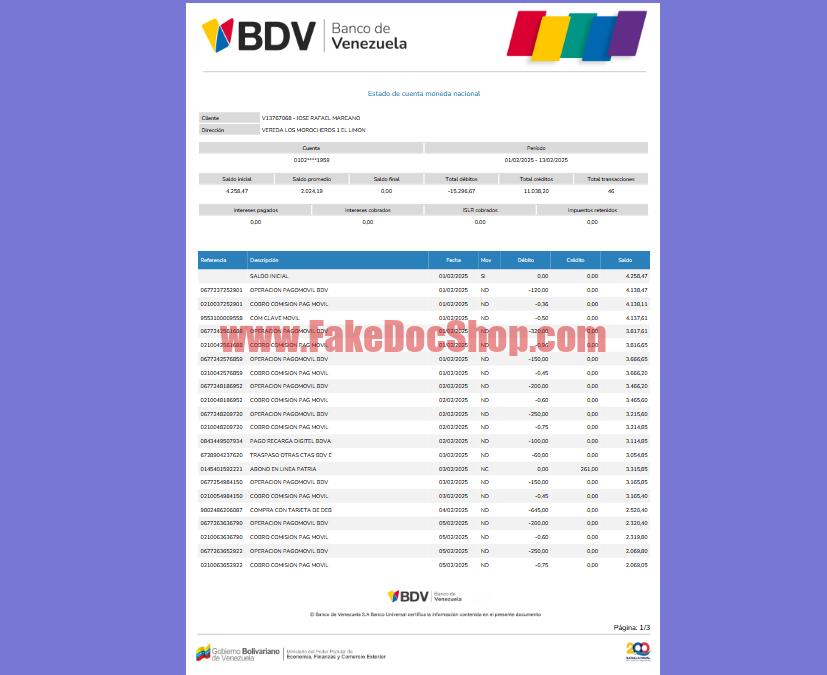 Venezuela Banco de Venezuela Bank Statement Template in word and pdf format