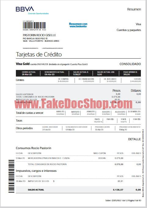 Argentina BBVA Bank Statement Template in word and pdf format