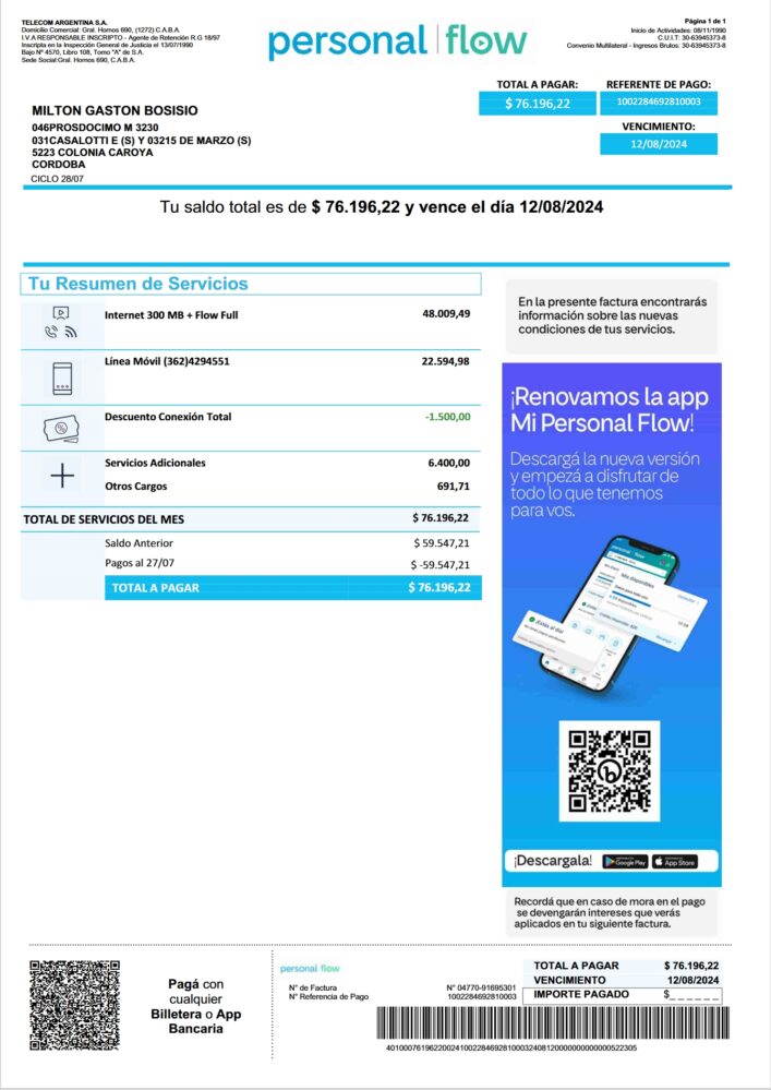 Argentina Telecom Argentina S.A. Utility Bill Word And PDF Template 3 Pages