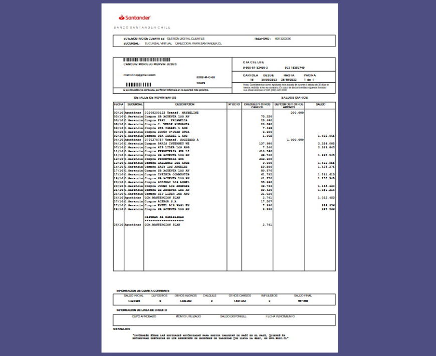 Chile Banco Santander Bank Statement Template in word and pdf format