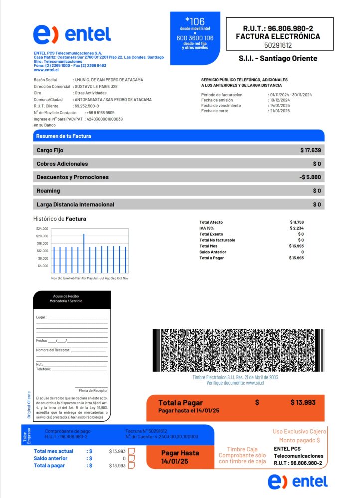 Chile Entel Mobile Phone Bill word And pdfPDF Template 3 Pages