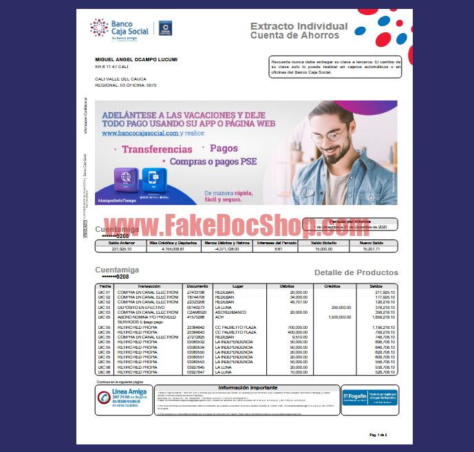 Colombia Banco Caja Social Bank Statement Template