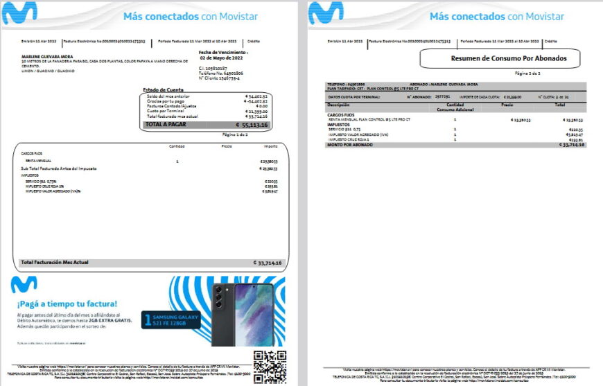 Costa Rica Movistar (Telefónica) Electronic Invoice Template in Word and PDF Format