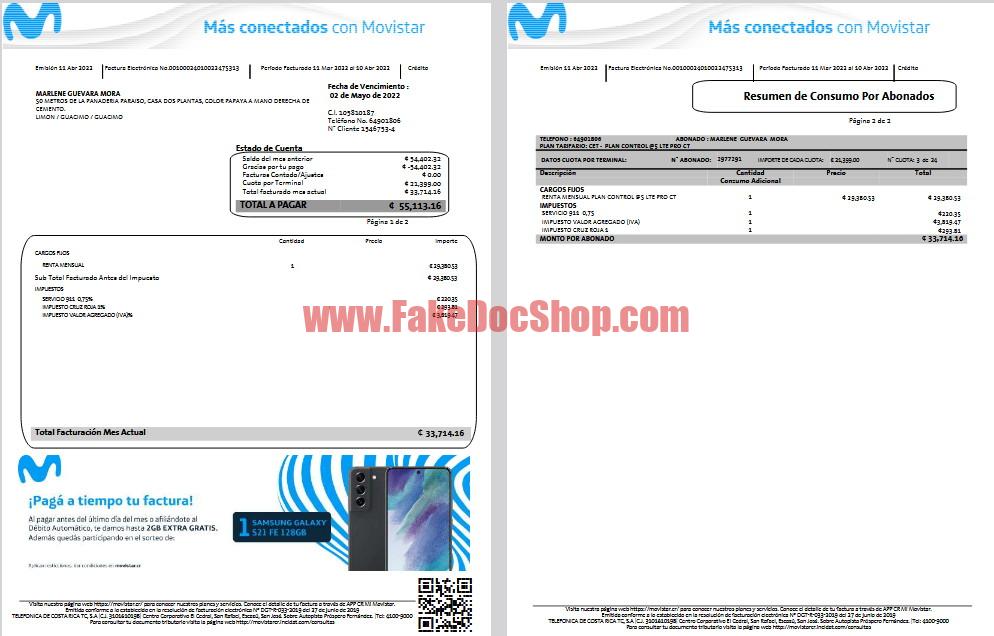 Costa Rica Movistar (Telefónica) Electronic Invoice Template in Word and PDF Format