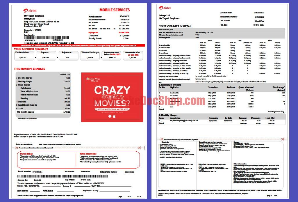 India Airtel Mobile Phone Bill Template in Word and PDF Format
