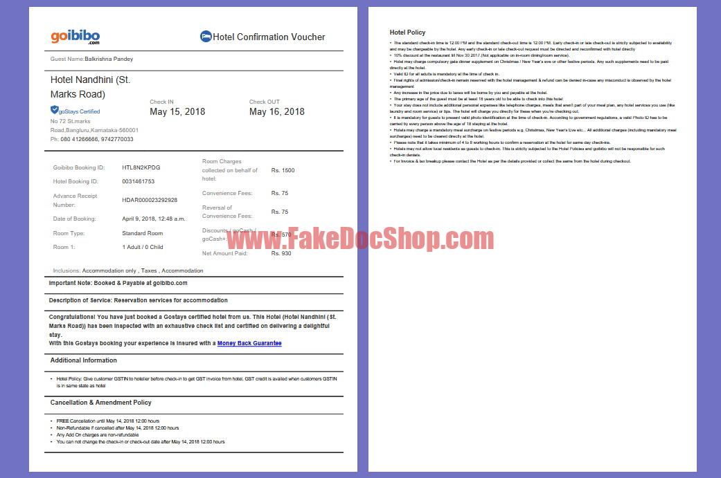 India Hotel Nandhini Booking Confirmation Template