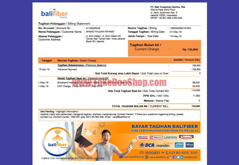 Indonesia Bali Fiber Utility Bill Template in word and pdf format