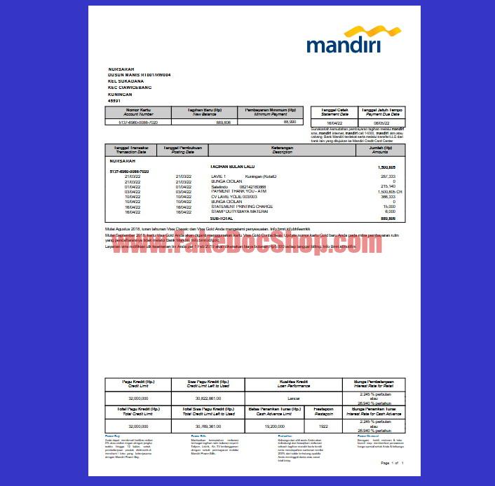 Indonesia Mandiri Credit Card Statement Template in Word and PDF Format