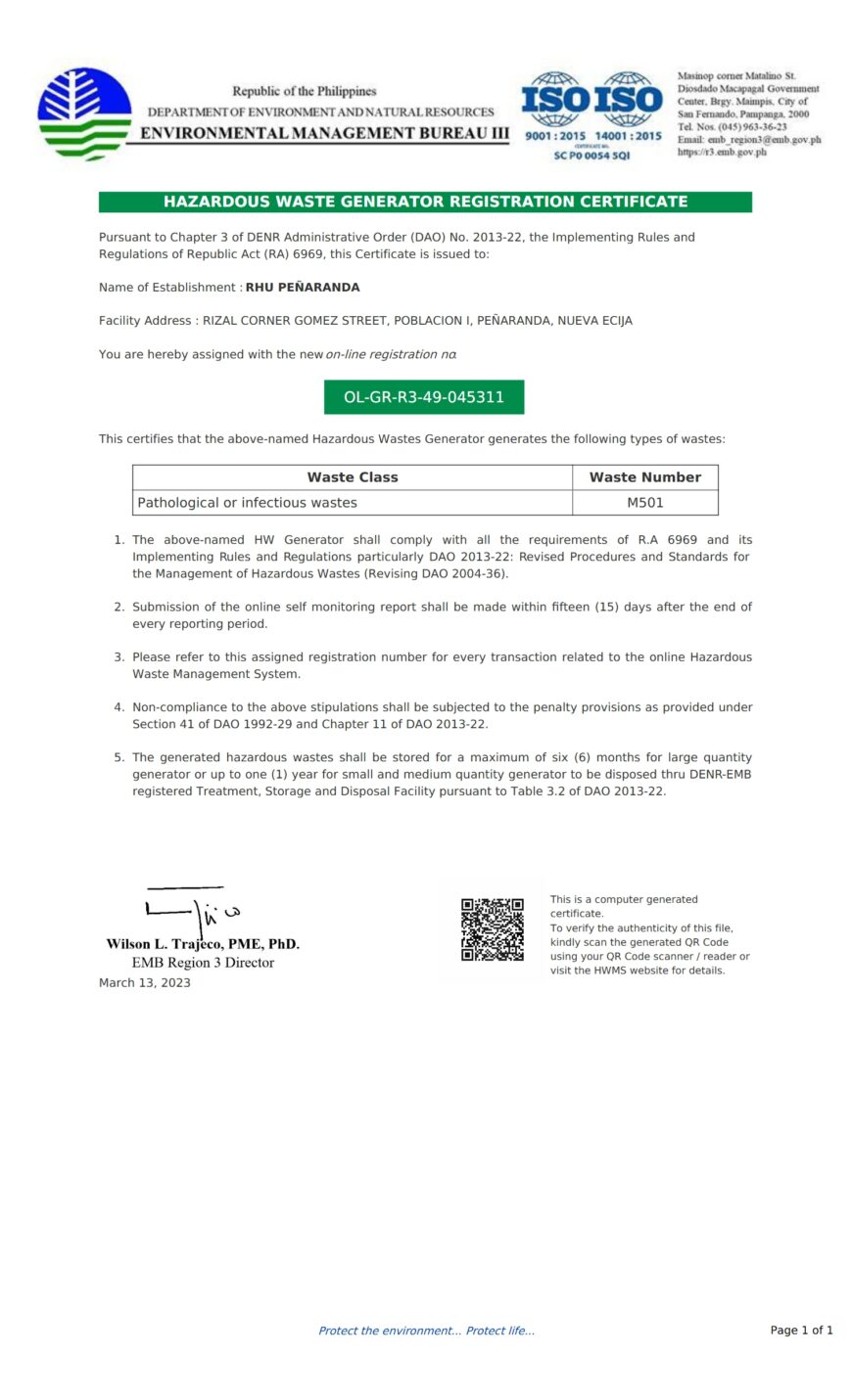 Philippines Department of Environment and Natural Resources Hazardous Waste Generator Registration Certificate Word And PDF Template