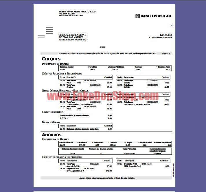 Puerto Rico Banco Popular de Puerto Rico Bank Statement Template in Word and PDF Format