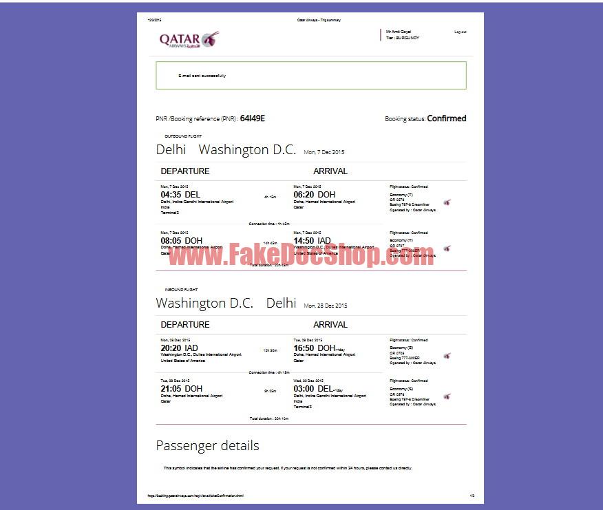 Qatar Airways Flight Confirmation Template